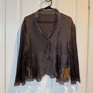 Vintage Brown Long Sleeve Blouse Pleated Ruffle Top Size M
